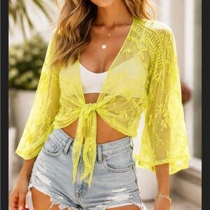 BCBGeneration Neon Green Sheer Lace Tie Front Cropped Cardigan Kimono Top OS